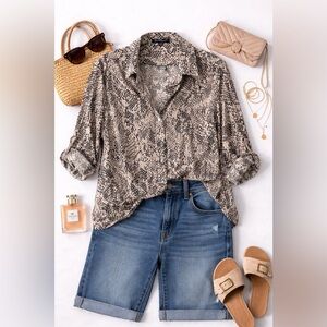Snake Print Button Down Blouse | Chic Neutral Top | Long Sleeve